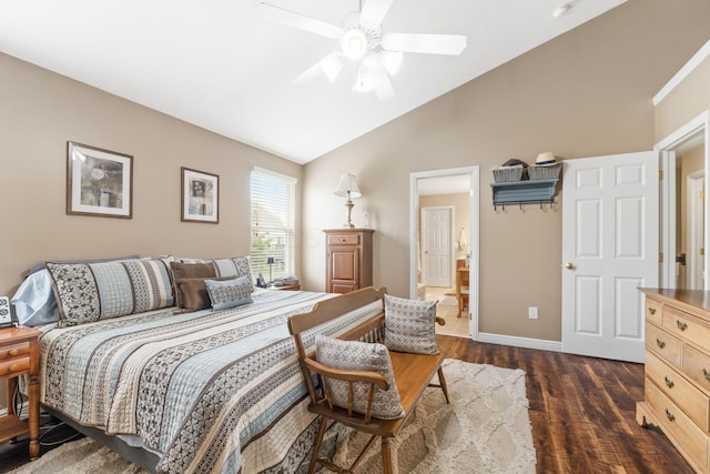 5073 Thornwood Dr, Westerville, OH 43082 - bedroom with dark wood-style flooring, lofted ceiling, baseboards, ensuite bathroom, and a ceiling fan