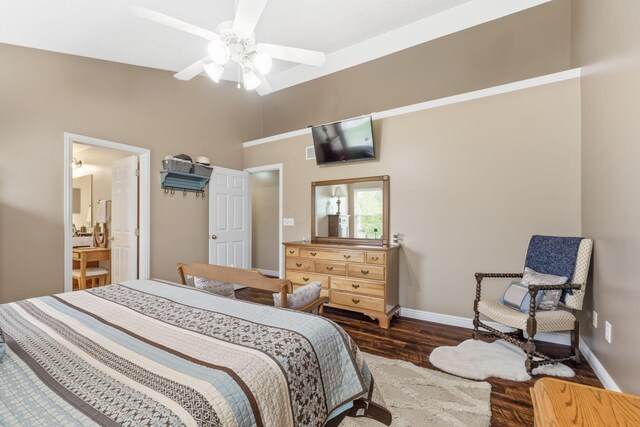 5073 Thornwood Dr, Westerville, OH 43082 - bedroom featuring wood finished floors, baseboards, ensuite bathroom, ceiling fan, and a high ceiling