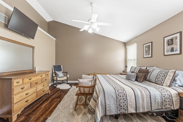 5073 Thornwood Dr, Westerville, OH 43082 - bedroom with dark wood-style floors, lofted ceiling, baseboards, and a ceiling fan