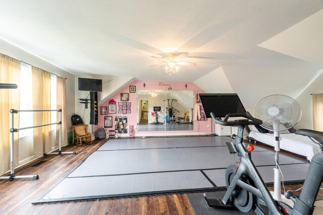 5073 Thornwood Dr, Westerville, OH 43082 - workout room featuring ceiling fan, wood finished floors, and lofted ceiling