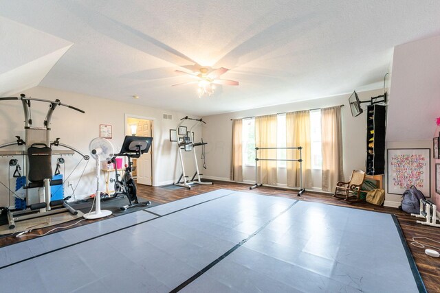 5073 Thornwood Dr, Westerville, OH 43082 - exercise area with ceiling fan and a textured ceiling