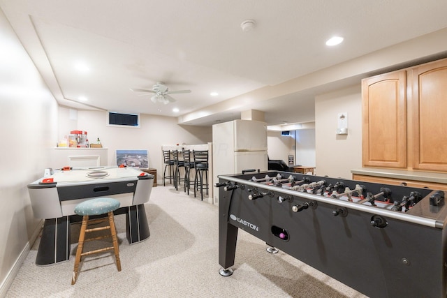 5073 Thornwood Dr, Westerville, OH 43082 - playroom featuring light colored carpet, recessed lighting, baseboards, and a ceiling fan