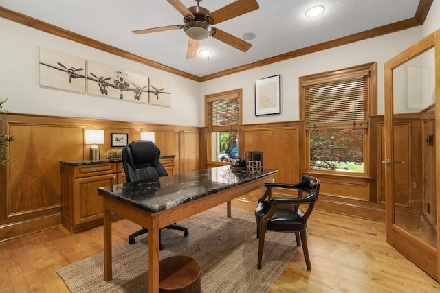 504 W Orange Rd, Delaware, OH 43015 - office space with light wood-style flooring, a ceiling fan, a wainscoted wall, ornamental molding, and a decorative wall