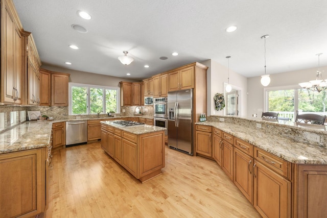 504 W Orange Rd, Delaware, OH 43015 - kitchen featuring stainless steel appliances, healthy amount of natural light, a peninsula, light wood-style flooring, and recessed lighting