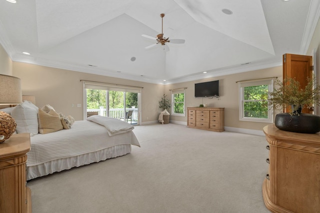 504 W Orange Rd, Delaware, OH 43015 - bedroom with access to outside, a tray ceiling, light carpet, crown molding, and recessed lighting