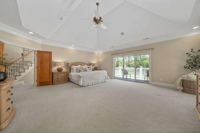504 W Orange Rd, Delaware, OH 43015 - bedroom featuring access to outside, vaulted ceiling, light colored carpet, crown molding, and recessed lighting