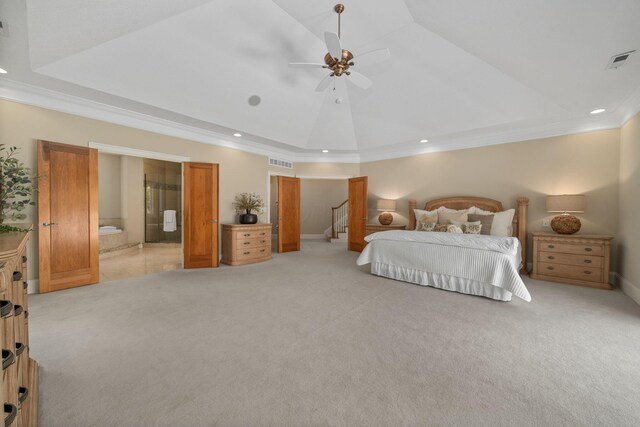 504 W Orange Rd, Delaware, OH 43015 - bedroom featuring a raised ceiling, ornamental molding, recessed lighting, light carpet, and lofted ceiling