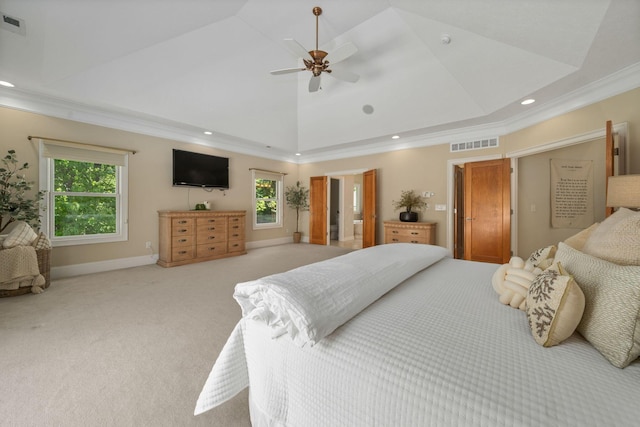 504 W Orange Rd, Delaware, OH 43015 - bedroom with crown molding, light colored carpet, recessed lighting, a raised ceiling, and lofted ceiling