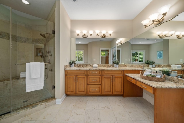 504 W Orange Rd, Delaware, OH 43015 - bathroom with a shower stall, double vanity, and marble look tile flooring
