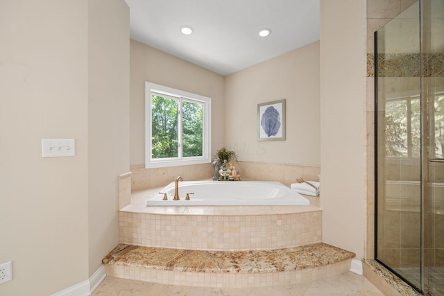 504 W Orange Rd, Delaware, OH 43015 - bathroom with a garden tub, a shower stall, baseboards, recessed lighting, and marble finish floors