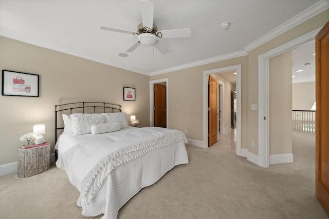 504 W Orange Rd, Delaware, OH 43015 - bedroom with light colored carpet, crown molding, baseboards, and ceiling fan