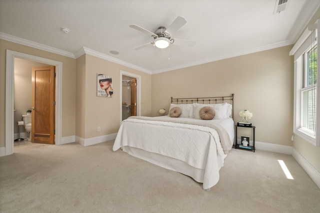 504 W Orange Rd, Delaware, OH 43015 - bedroom featuring light colored carpet, crown molding, multiple windows, baseboards, and ceiling fan