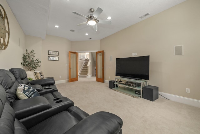 504 W Orange Rd, Delaware, OH 43015 - living area featuring a ceiling fan, baseboards, stairs, carpet floors, and recessed lighting