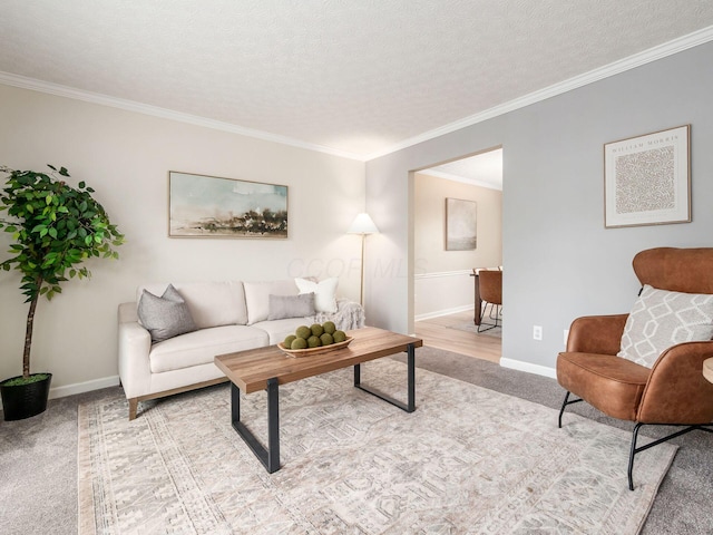 1520 Dickson Dr, Columbus, OH 43228 - carpeted living area featuring ornamental molding, baseboards, and a textured ceiling