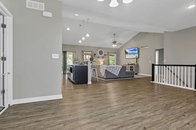 7205 W Grubb Rd NE, Thornville, OH 43076 - living area with high vaulted ceiling, wood finished floors, baseboards, ceiling fan, and recessed lighting