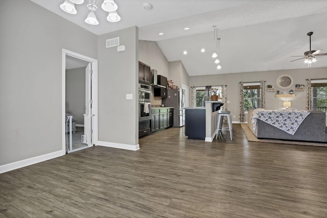 7205 W Grubb Rd NE, Thornville, OH 43076 - living area featuring dark wood-style flooring, baseboards, a chandelier, recessed lighting, and ceiling fan