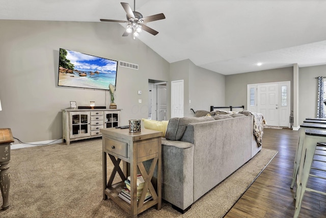 7205 W Grubb Rd NE, Thornville, OH 43076 - living area featuring a ceiling fan, baseboards, wood finished floors, and high vaulted ceiling