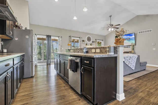 7205 W Grubb Rd NE, Thornville, OH 43076 - kitchen featuring appliances with stainless steel finishes, ceiling fan, lofted ceiling, a sink, and dark wood finished floors