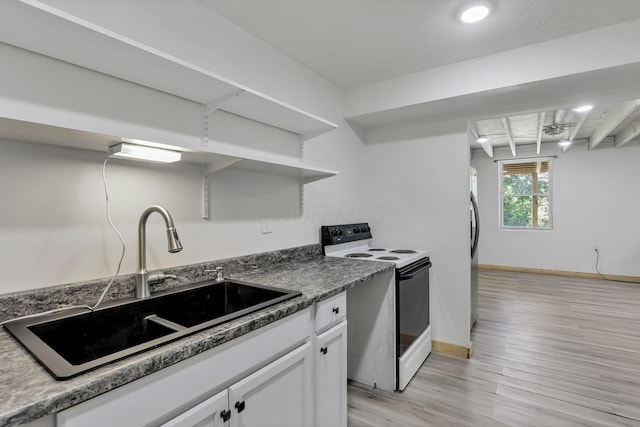 7205 W Grubb Rd NE, Thornville, OH 43076 - kitchen featuring electric range, a sink, open shelves, white cabinets, and light wood-style floors
