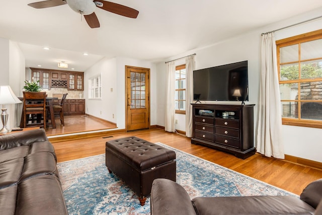 2731 E Broad St, Bexley, OH 43209 - living area featuring baseboards, ceiling fan, wood finished floors, and recessed lighting