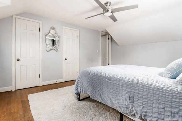 2731 E Broad St, Bexley, OH 43209 - bedroom featuring hardwood / wood-style flooring, lofted ceiling, baseboards, and ceiling fan