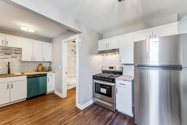 686 Frebis Ave, Columbus, OH 43206 - kitchen with stainless steel appliances, a sink, under cabinet range hood, decorative backsplash, and dark wood-style floors