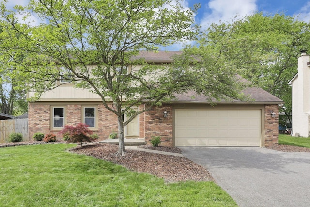 view of front of house featuring driveway, brick siding, a garage, and roof with shingles