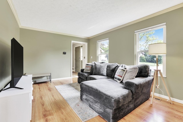 living room featuring ornamental molding, light wood-style floors, and baseboards