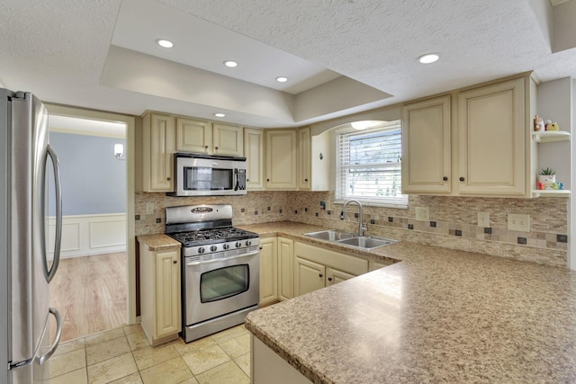 kitchen with appliances with stainless steel finishes, cream cabinets, a sink, a raised ceiling, and decorative backsplash