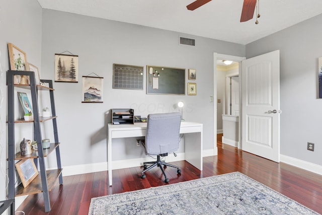 office space featuring wood finished floors, ceiling fan, and baseboards