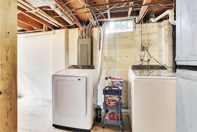 washroom featuring electric panel and washer and dryer