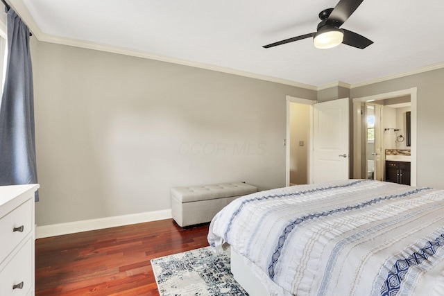 bedroom featuring wood finished floors, baseboards, crown molding, a ceiling fan, and connected bathroom