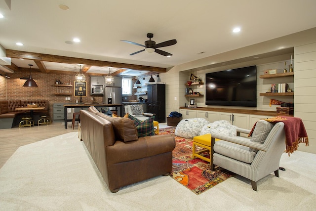8070 Harriott Rd, Dublin, OH 43017 - living area with a ceiling fan, recessed lighting, beamed ceiling, and light wood-type flooring