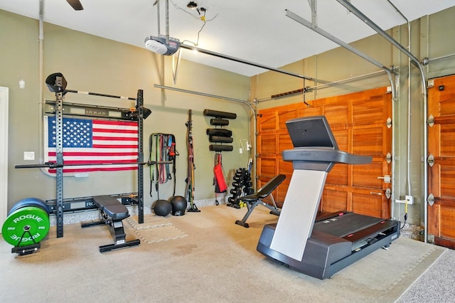 8070 Harriott Rd, Dublin, OH 43017 - workout room featuring carpet floors and a garage