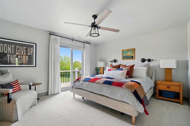 8070 Harriott Rd, Dublin, OH 43017 - bedroom featuring light colored carpet, access to exterior, a ceiling fan, and baseboards