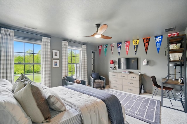 8070 Harriott Rd, Dublin, OH 43017 - carpeted bedroom with a textured ceiling, ceiling fan, access to outside, and baseboards
