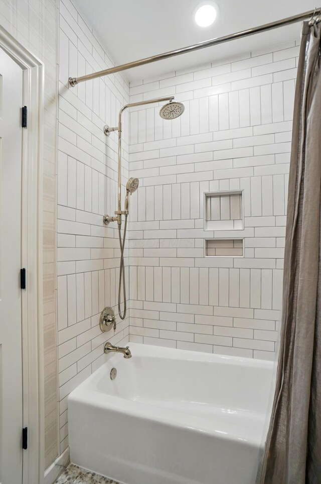 8070 Harriott Rd, Dublin, OH 43017 - bathroom featuring shower / bath combo and recessed lighting