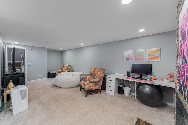home office featuring carpet flooring and recessed lighting