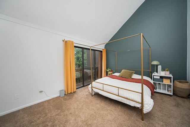 carpeted bedroom with access to exterior, vaulted ceiling, and baseboards