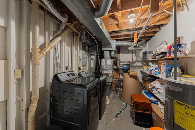 unfinished basement featuring electric water heater and independent washer and dryer