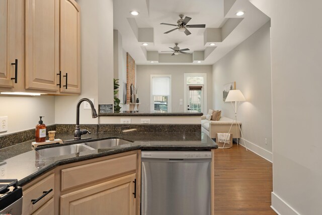 411 Reinhard Ave, Columbus, OH 43206 - kitchen with dishwasher, a sink, a raised ceiling, ceiling fan, and recessed lighting