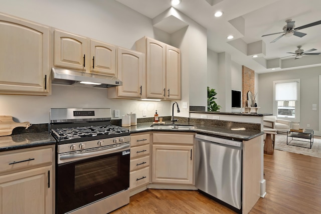 411 Reinhard Ave, Columbus, OH 43206 - kitchen with stainless steel appliances, under cabinet range hood, a sink, a peninsula, and a ceiling fan