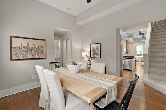 411 Reinhard Ave, Columbus, OH 43206 - dining space featuring ceiling fan, stairway, wood finished floors, baseboards, and recessed lighting