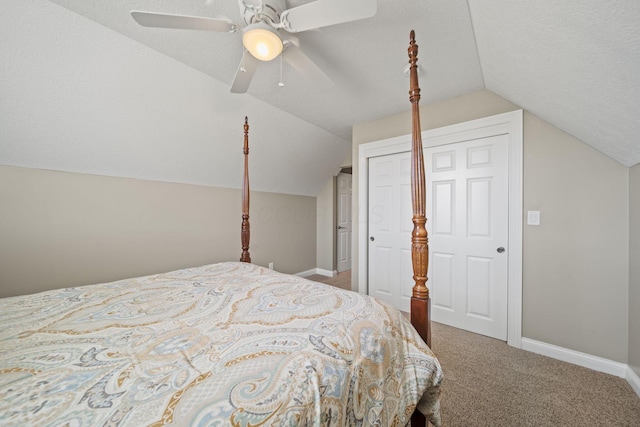 2557 Coltsbridge Dr, Lewis Center, OH 43035 - bedroom featuring carpet, vaulted ceiling, baseboards, a ceiling fan, and a closet