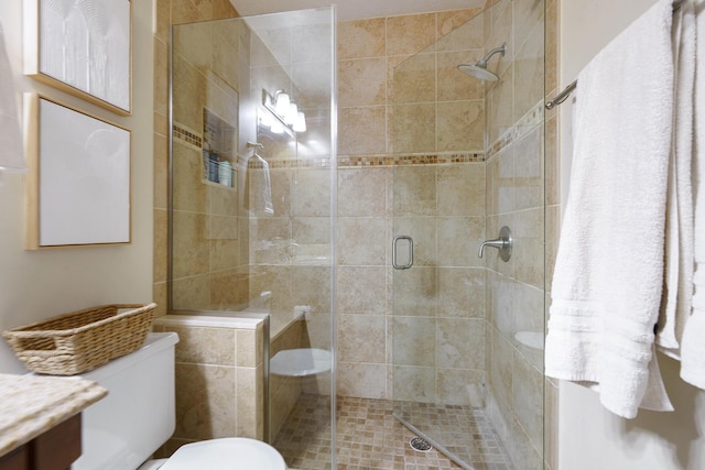 bathroom featuring a shower stall, toilet, and vanity