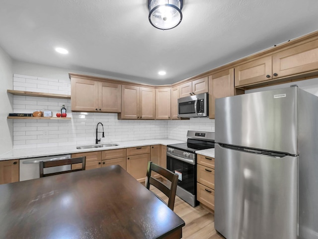 4838 Calvin Dr, Columbus, OH 43227 - kitchen with appliances with stainless steel finishes, a sink, backsplash, light wood-type flooring, and light countertops