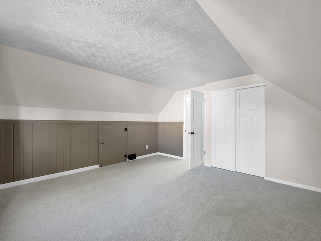 4838 Calvin Dr, Columbus, OH 43227 - additional living space with vaulted ceiling, a textured ceiling, carpet, baseboards, and wainscoting