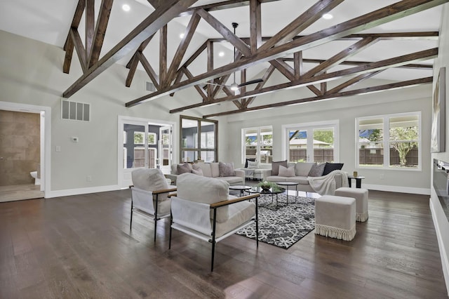 2727 Westmont Blvd, Columbus, OH 43221 - living area with baseboards, high vaulted ceiling, beamed ceiling, recessed lighting, and dark wood finished floors