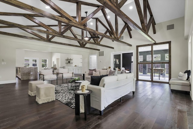 2727 Westmont Blvd, Columbus, OH 43221 - living room featuring high vaulted ceiling, dark wood-style floors, baseboards, beamed ceiling, and recessed lighting