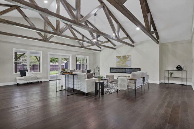 2727 Westmont Blvd, Columbus, OH 43221 - living room with baseboards, high vaulted ceiling, beam ceiling, wood finished floors, and recessed lighting